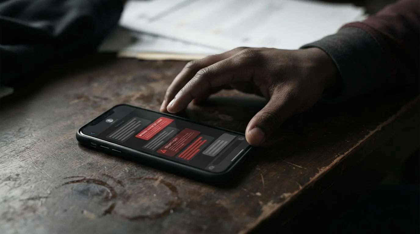 Smartphone mit verdächtigen Nachrichten und Warnhinweisen auf dunklem Hintergrund