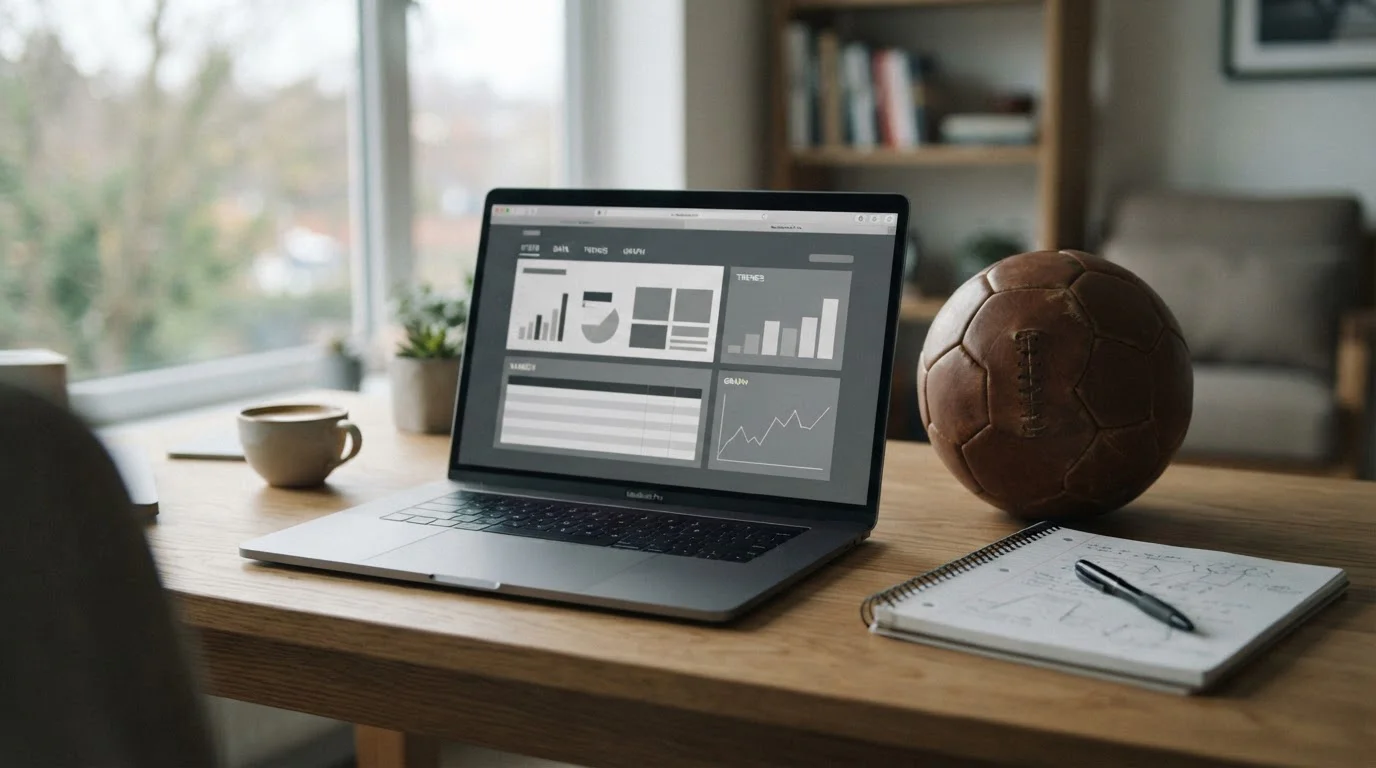 Analytischer Arbeitsplatz mit Laptop und Bundesliga-Wettdaten auf dem Bildschirm