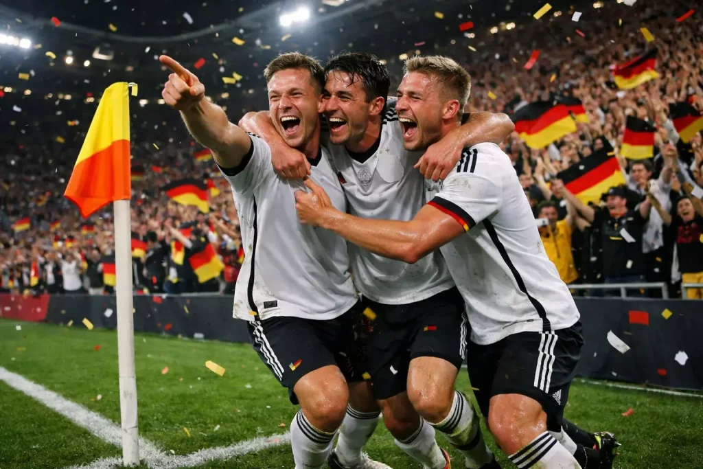 Deutschland EM 2024 – deutsche Fußballspieler feiern ein Tor vor begeisterten Fans