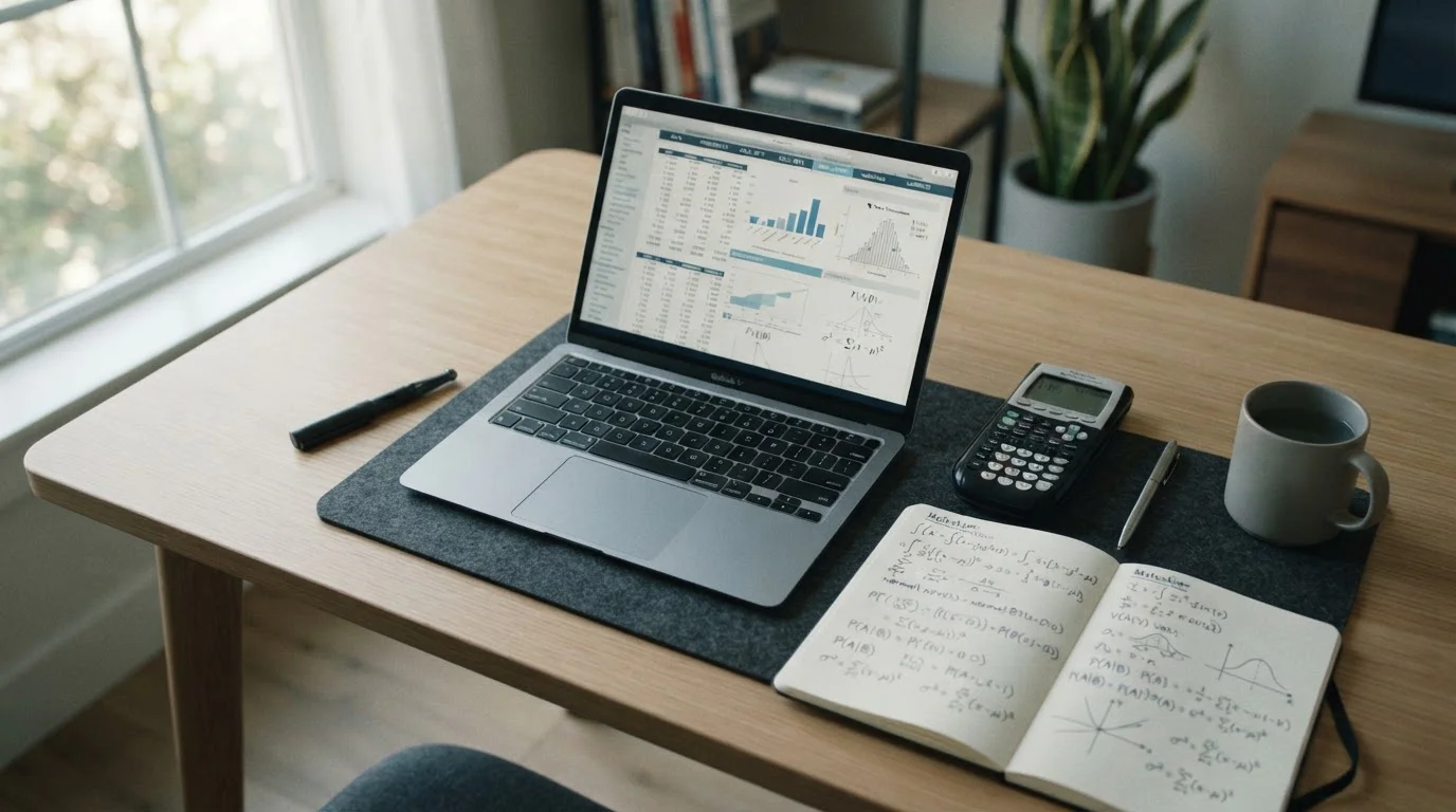 Analytisches Arbeitsumfeld mit Laptop und Taschenrechner für Value-Wetten-Berechnungen