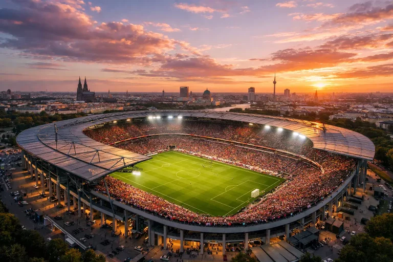 EM 2024 Stadien – Panoramaansicht eines voll besetzten Fußballstadions bei Sonnenuntergang