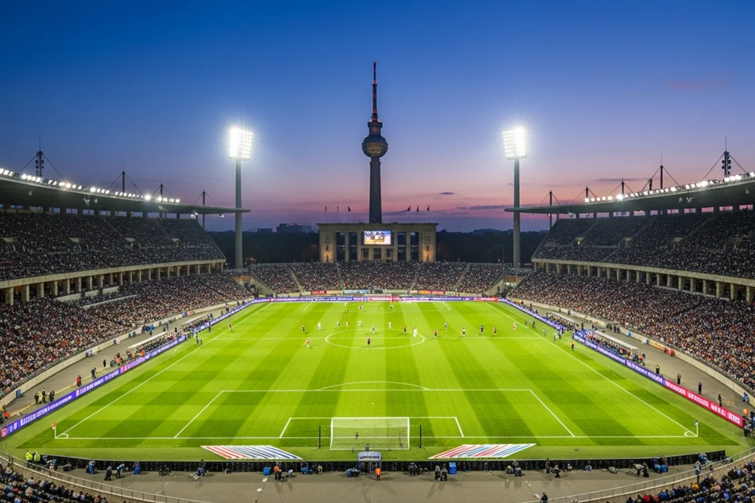Berliner Olympiastadion als Austragungsort des EM 2024 Finales bei Nacht