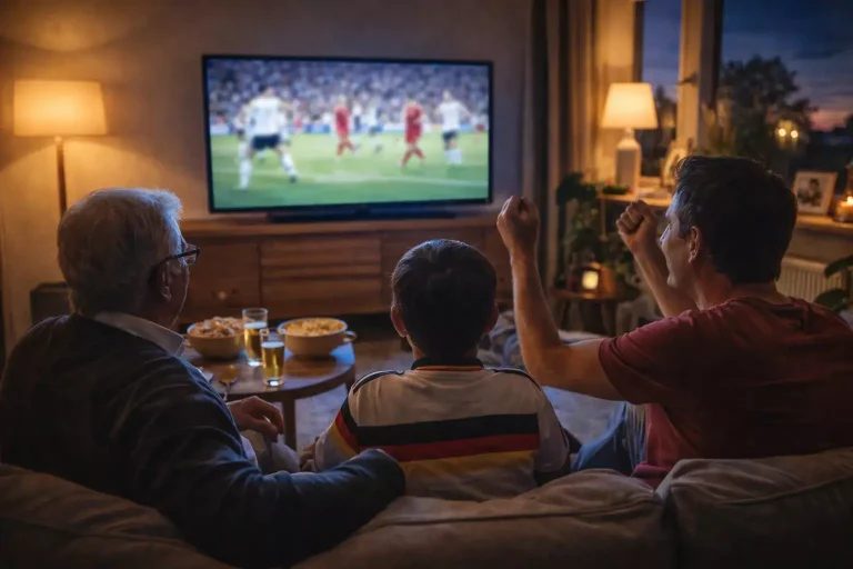 EM 2024 TV-Übertragung – Familie schaut Fußballspiel gemeinsam im Wohnzimmer