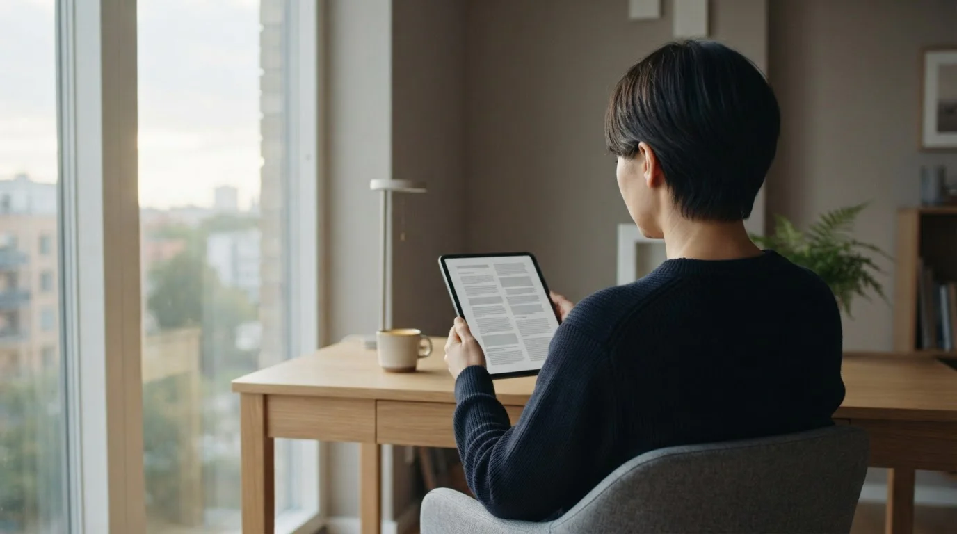 Person liest aufmerksam Geschäftsbedingungen auf Tablet