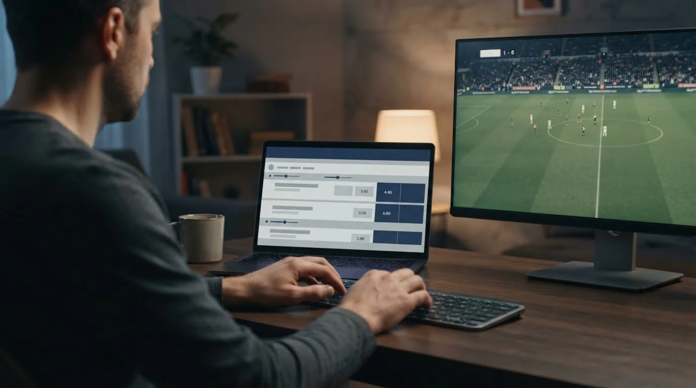 Laptop mit Live-Wettoberfläche neben Fußballübertragung auf einem zweiten Bildschirm