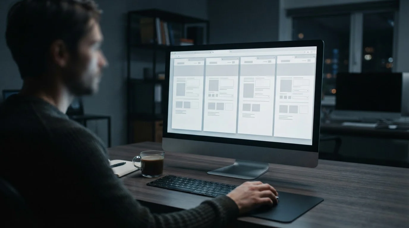 Mehrere geöffnete Browser-Tabs auf Monitor mit neutralen Plattform-Oberflächen nebeneinander