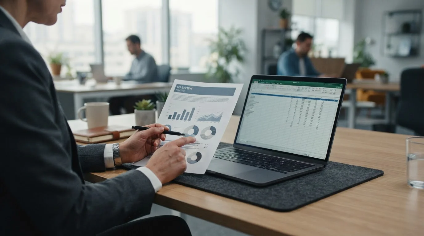 Dokument mit prozentualer Kostenaufschlüsselung neben Laptop