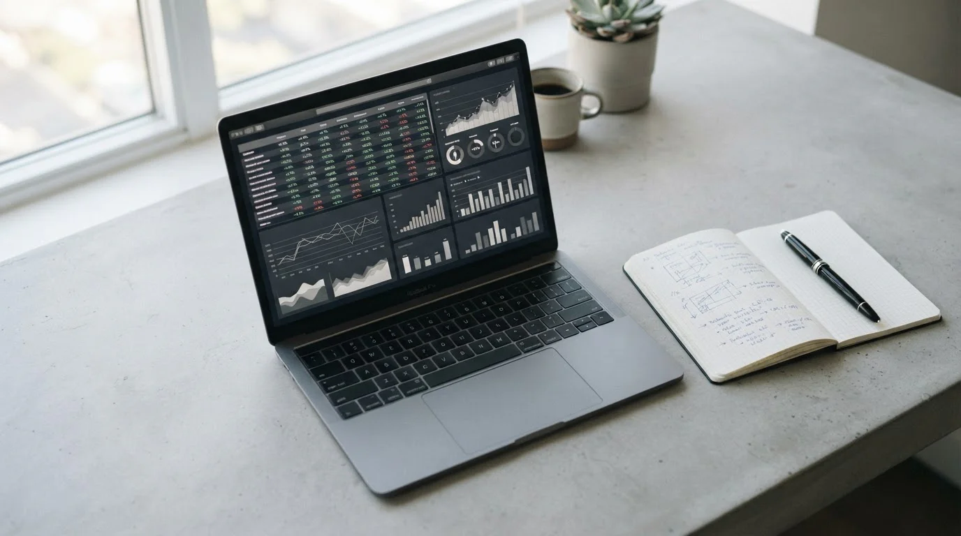 Laptop mit Wettquoten-Vergleichstabelle auf neutralem Schreibtisch