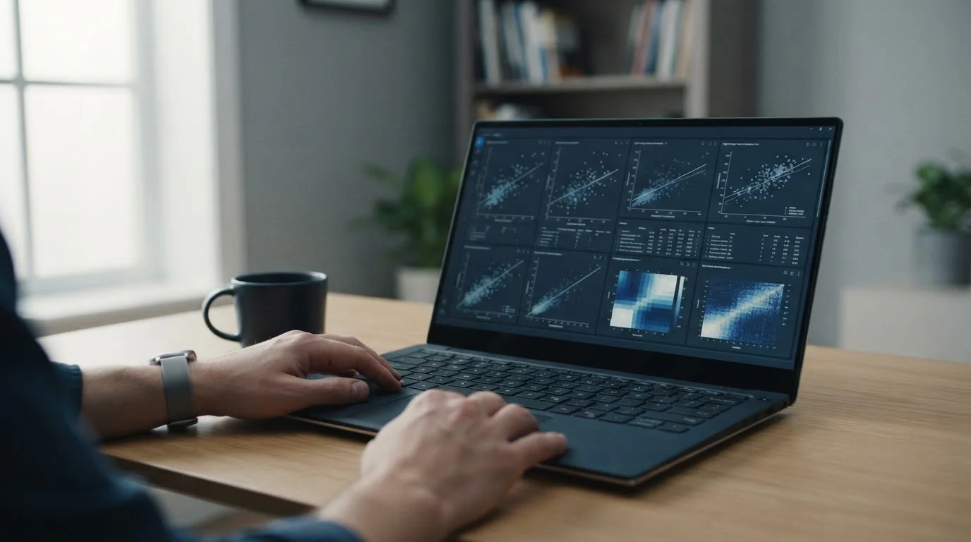 Bildschirm mit abstrakten Datenvisualisierungen und Algorithmus-Modellen