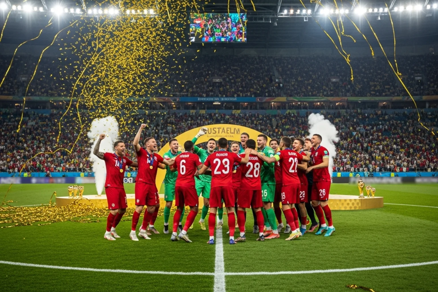 Spanische Nationalmannschaft feiert den Europameistertitel 2024 im Berliner Olympiastadion