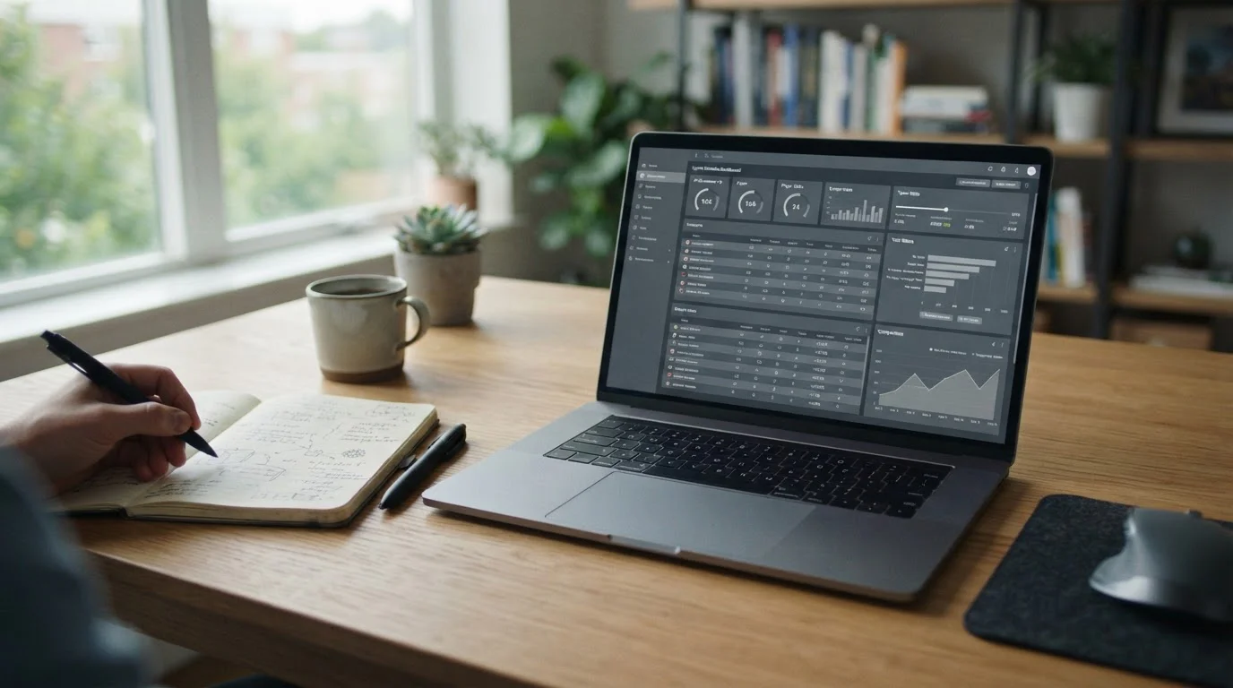 Laptop mit Sportwetten-Analyse und Statistiken auf neutralem Schreibtisch