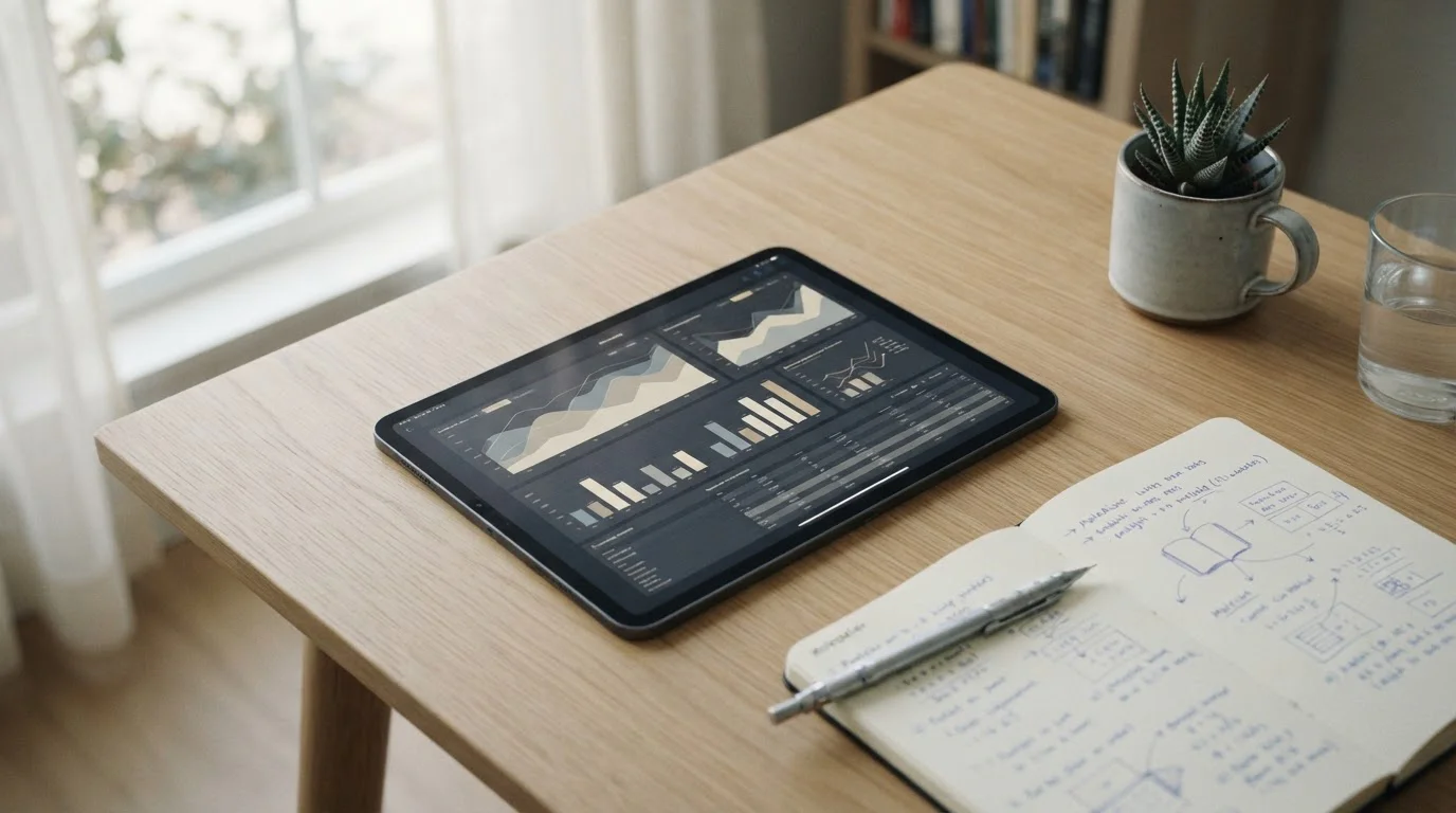 Tablet mit abstrakten Diagrammen und Statistiktabellen auf Schreibtisch