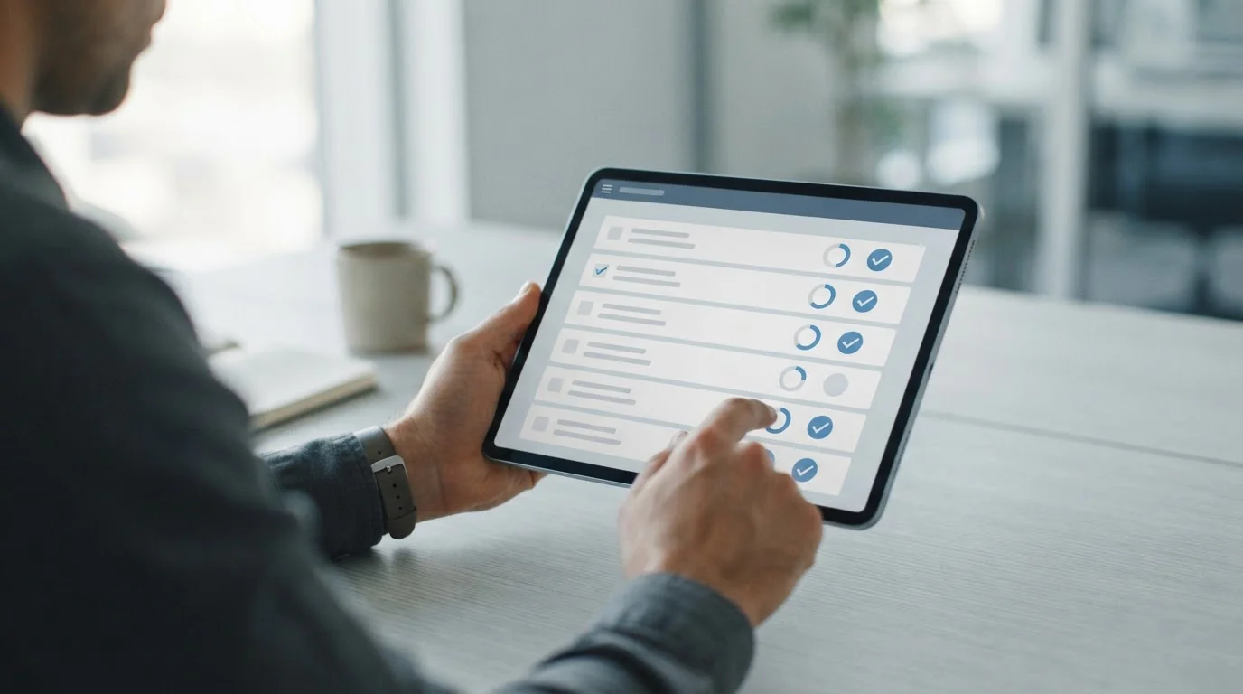 Tablet mit Bewertungskriterien und Checkliste zur Prüfung von Wett-Tippdiensten