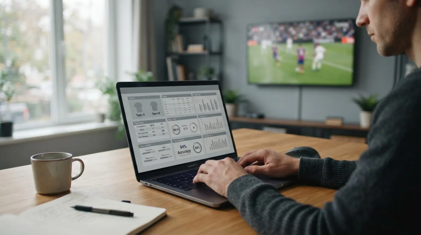 Statistikanalyse mit Fußballdaten auf Laptop-Bildschirm zur Bewertung von Über/Unter-Wetten