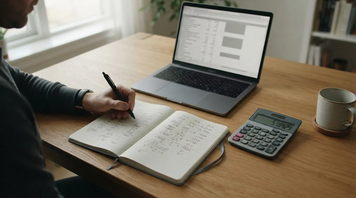 Nüchterner Arbeitsplatz mit Taschenrechner und Notizen zur Analyse von Wettquoten und Margen