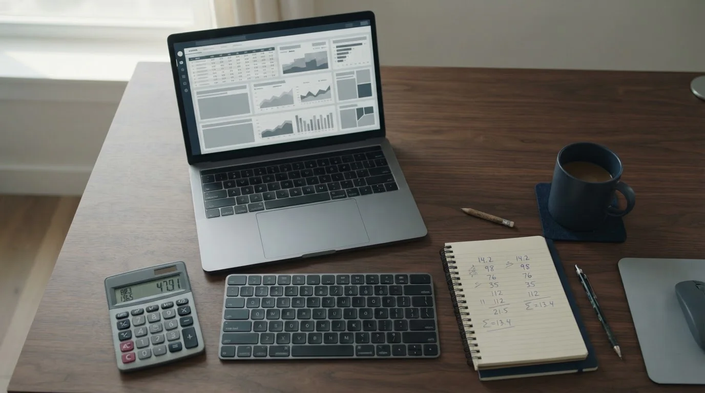 Sportanalyse am Laptop mit Taschenrechner für morgige Wett-Tipps