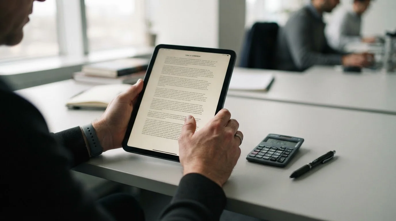 Person liest Geschäftsbedingungen auf einem Tablet