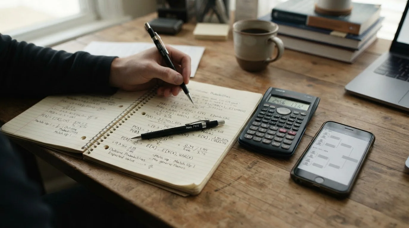 Handschriftliche Kalkulation von WM-Torschützenkönig-Quoten mit Taschenrechner und Notizen