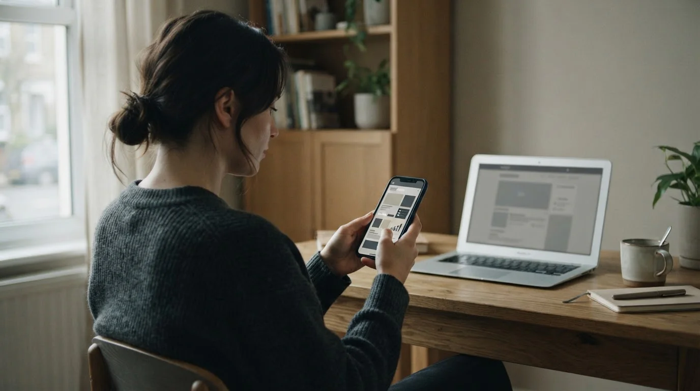 Person liest Zahlungsbedingungen auf Smartphone mit Laptop im Hintergrund